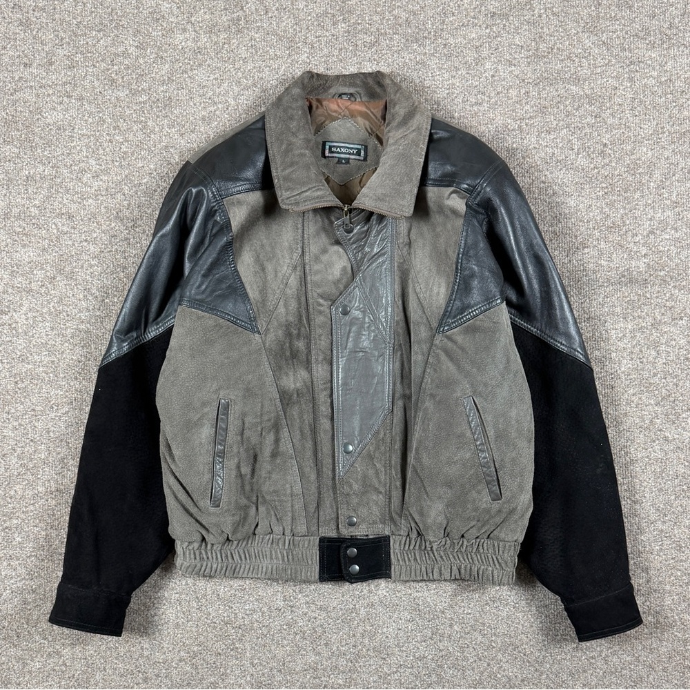 Vintage Saxony Black Grey Suede Leather Patchwork Bomber Jacket Mens L Retro 90s